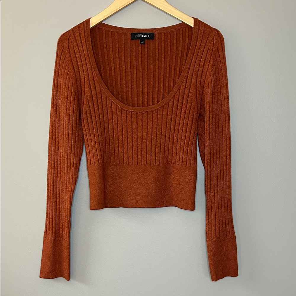 Intermix Scoop Neck Ribbed Long‎ Sleeve Knit Sweater Top Size Large Rust Orange